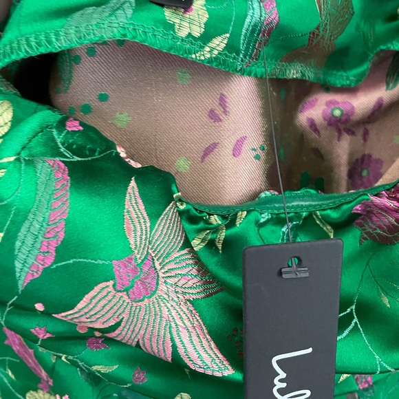 Lulus Green Satin Floral Strapless Midi Dress - Picture 5 of 5